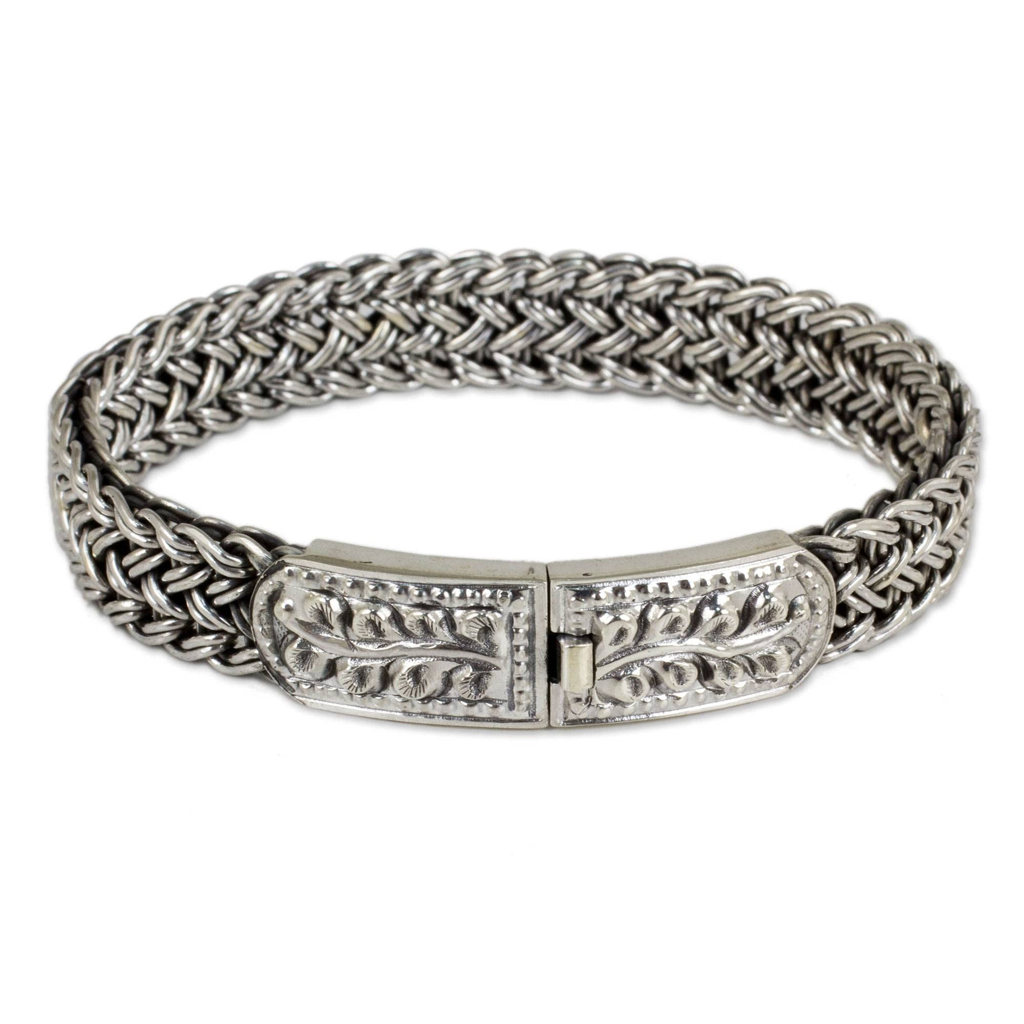 NOVICA .925 Sterling Silver Braided Chain Bracelet with Dragon Clasp, 8.5